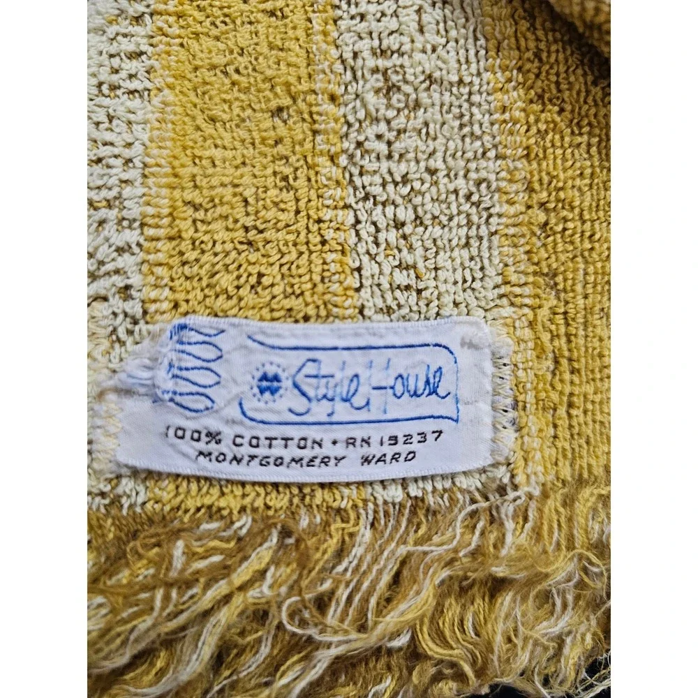 Vintage Montgomery Ward Style House Yellow Striped Cotton Fringe Hand Towel 70s